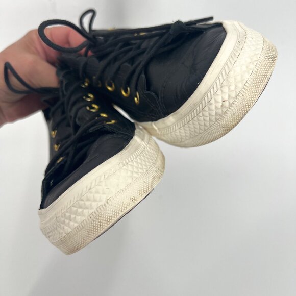 Converse Frilly Thrills Black Leather Sneakers With Scalloped Edge & Gold Eyelet - Picture 7 of 10